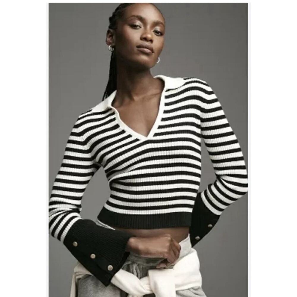 Anthropologie Maeve Sweater M Bell Sleeve Ribbed Knit Polo Black V Neck Preppy